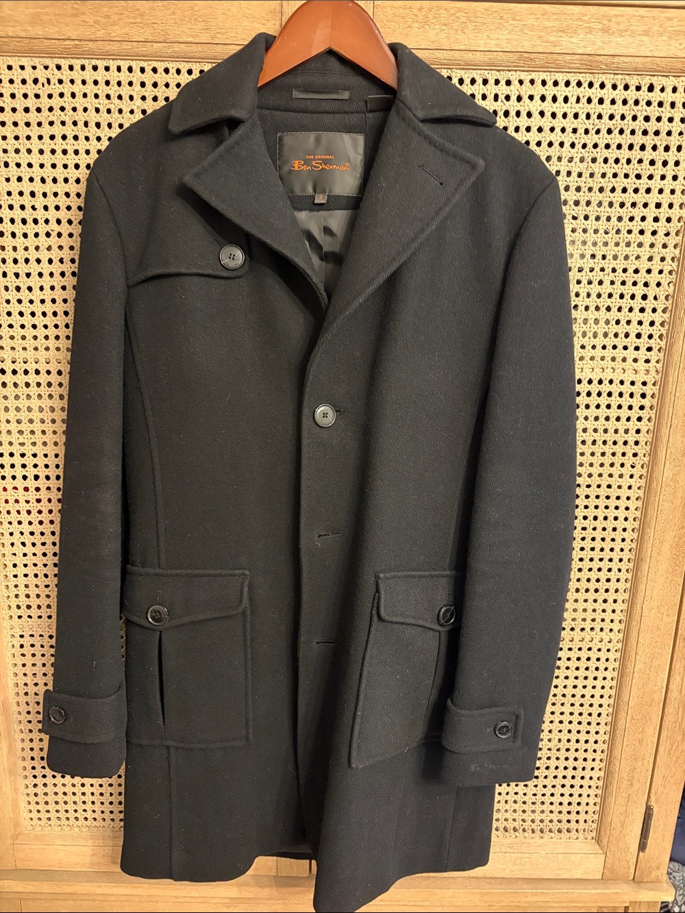 Ben Sherman Black Wool Twill Long Pea Coat with Button Front